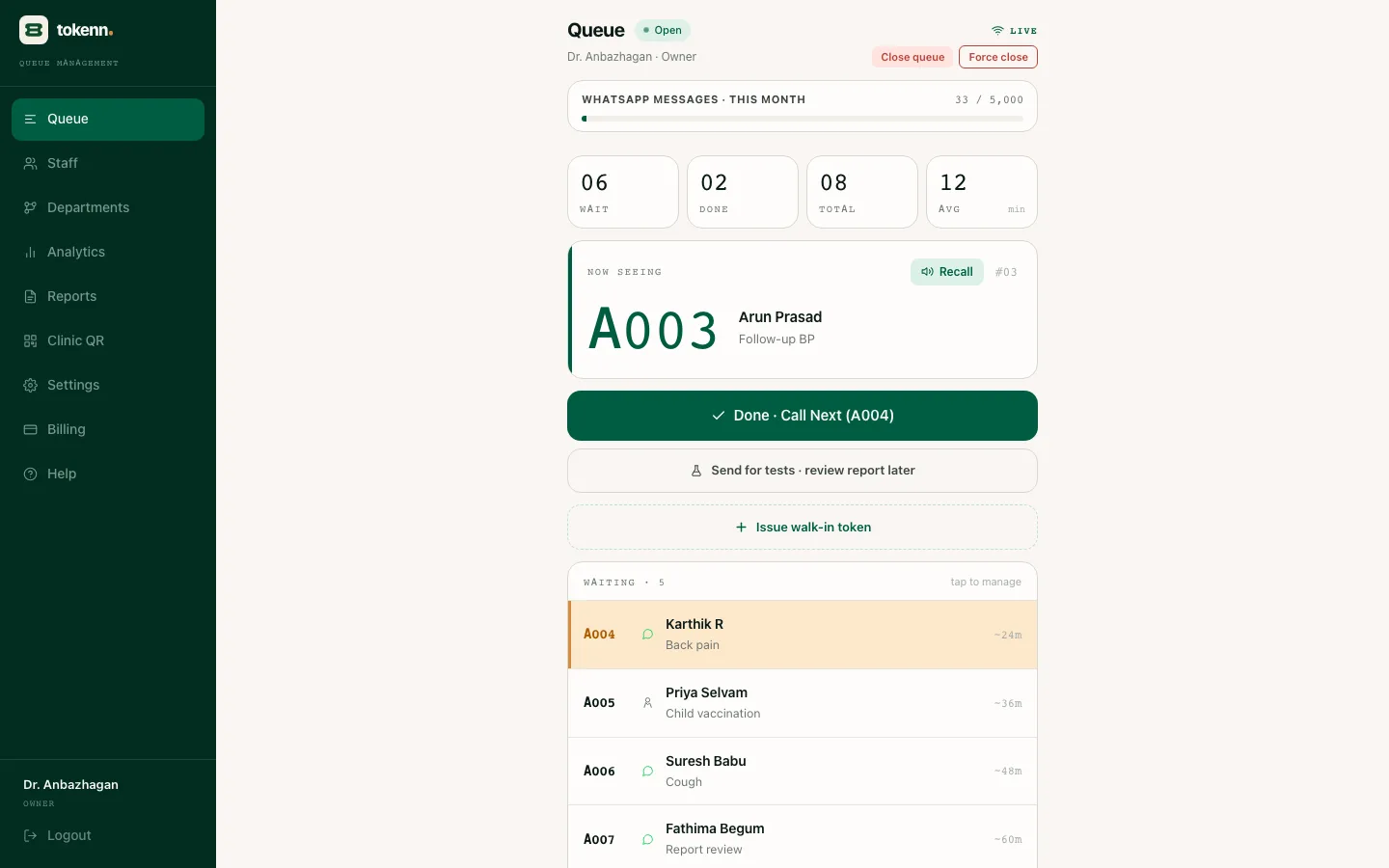 TOKENN clinic queue dashboard: queue open, 7 waiting, now seeing token A003, a Done and Call Next button, an Issue walk-in token button, and the waiting list with names and estimated waits